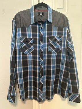 Rock & Republic Gray and Blue Plaid Button-Down Shirt